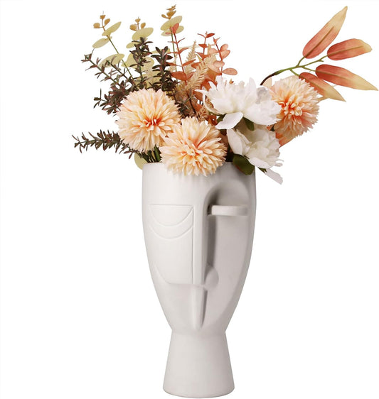 9.9Inch High Ceramic Face Art Vase - Hand Made Flowerpot for Easter Decor, Cylindrical Face Planter with Textured Surface