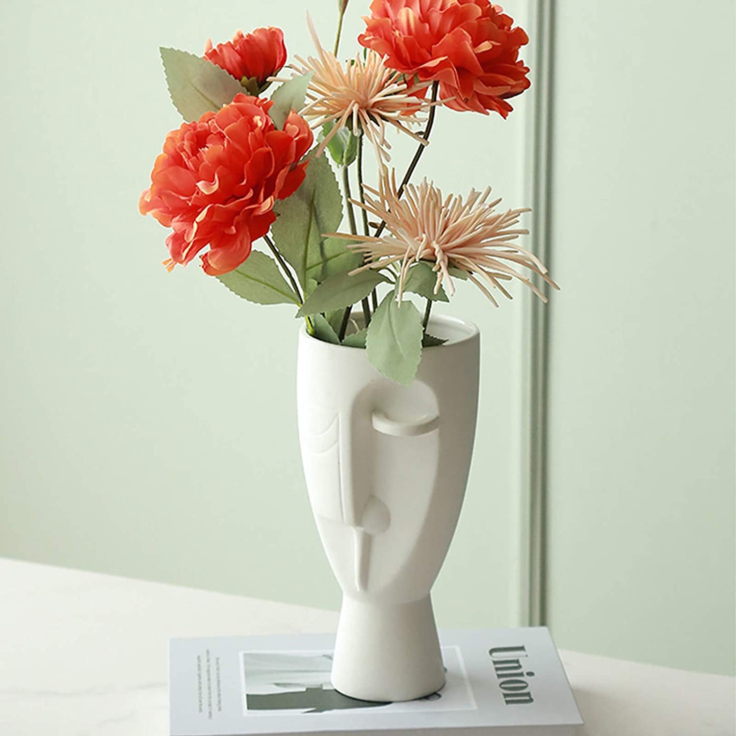 9.9Inch High Ceramic Face Art Vase - Hand Made Flowerpot for Easter Decor, Cylindrical Face Planter with Textured Surface